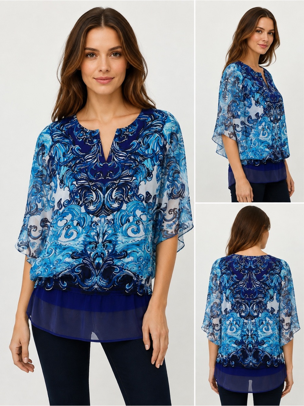 Chico’s Blue Paisley Chiffon Layered Tunic Blouse Size 0